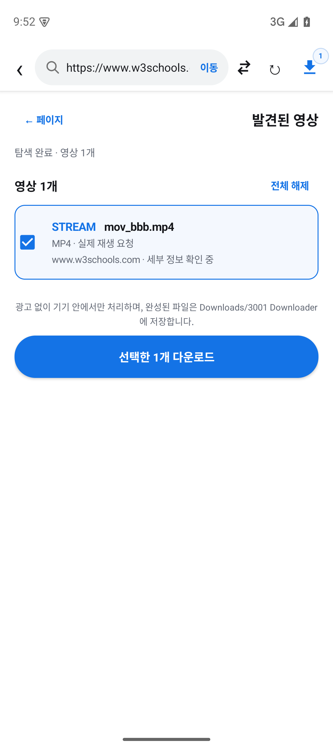 3001 Downloader가 찾은 영상 한 개를 선택한 화면
